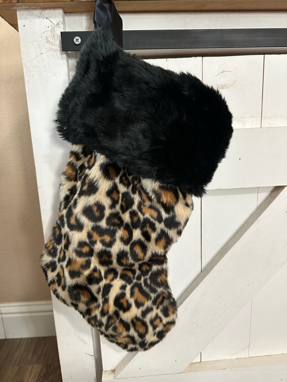 Black and tan leopard print Christmas stocking super soft & fuzzy Holiday decor